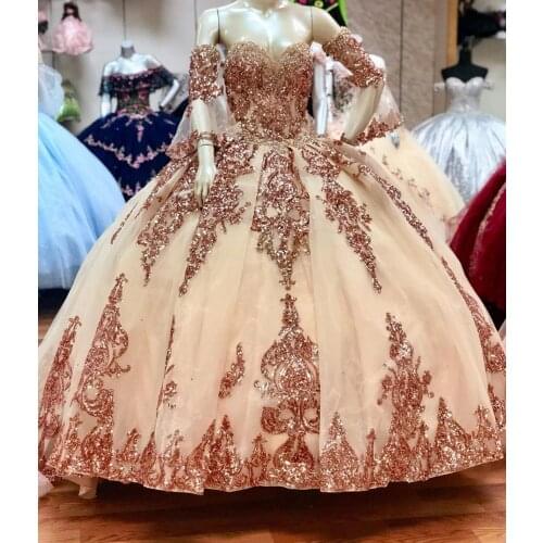Rose gold Sparkly Ball Gown Quinceanera Dresses Detachable Sleeves Sweetheart Sequines Applique Sweet 16 Dress Party Wear