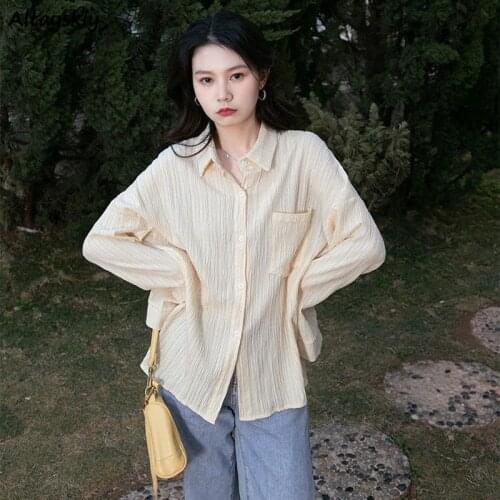 Shirts Women New Folds Casual Loose All-match Chiffon Tops Fairy Elegant Long Sleeve Office Lady Fashion Harajuku Solid Soft Ins