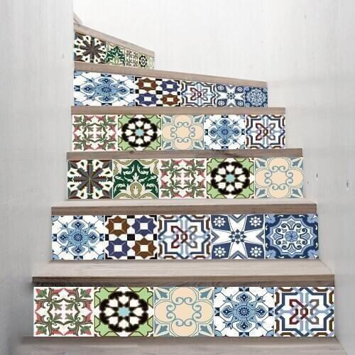 Self-adhesive staircase stickers living room DIY tiles blue blue pattern European pattern decoration home waterproof wall sticke