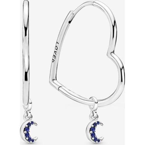 100% 925 Sterling Silver Asymmetric Hearts of Love Hoop Earrings with Moon Dangle Charms Fine Jewelry for Women DIY Making