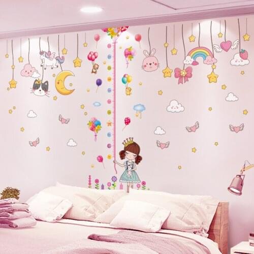 [shijuekongjian] Height Measure Wall Stickers DIY Cartoon Girl Balloons Wall Decals for Kids Rooms Baby Bedroom House Decoration