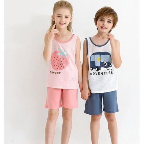 Toddler Girls Sleeveless Sports Sets Children Cartoon Bus Strawberry Vest Short Pants Suits Summer Baby Boys Home Night Clothes