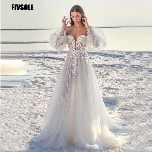 Fivsole A Line Silk Tulle Wedding Dress Long Puff Sleeve Floral Applique 2021 Bride Dress Beach Off Shoulder Sexy Wedding Gowns