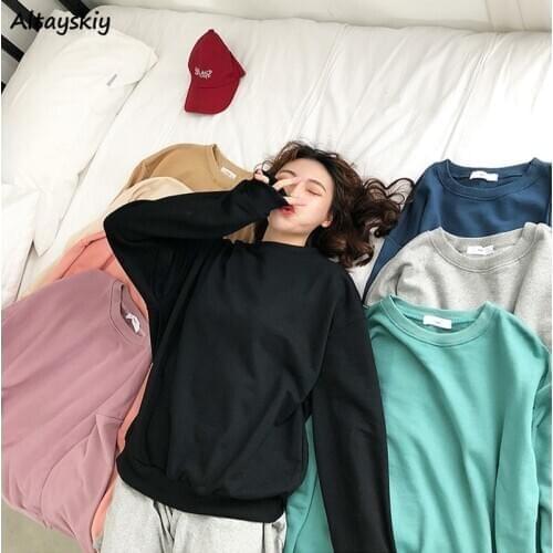 Hoodies Women Solid Candy Color Loose Simple Classic Basic Sweatshirt Spring O-Neck Friends All-match Pullover Fashion Harajuku