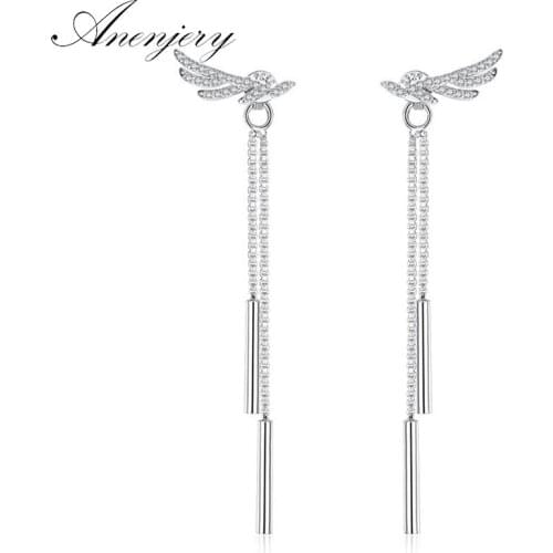 ANENJERY 925 Sterling Silver Elegant Crystal Angel Wings Long Tassel Chian Earrings For Women brincos S-E223