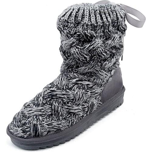 Womens Snow Boots Knitting Lace_up Flat Warm Female Cotton Shoes Wearable Non-Slip Ladies Plus Velvet Short tube Snow Boots