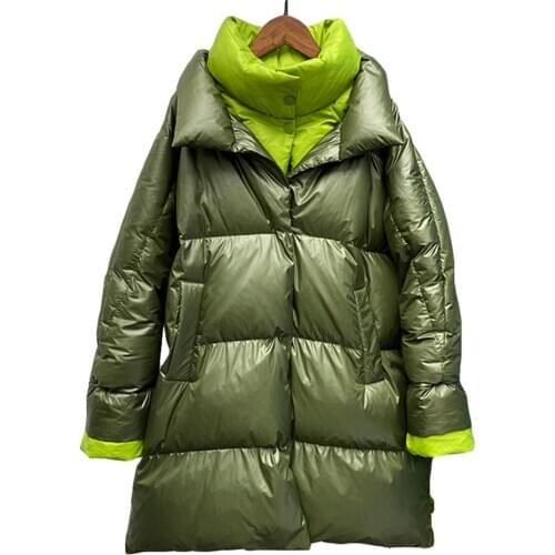 Womens Mid-Length Down Jacket Double Collar White Duck Down Single-Breasted Ladies Loose Thick Warm Jacket Fashion Casual Style