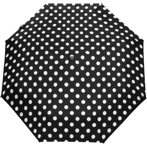 White Polka Dot Black Pattern Sun Umbrella Fully Automatic Windproof UV Strong Portable Lightweight Three Folding Umbrella