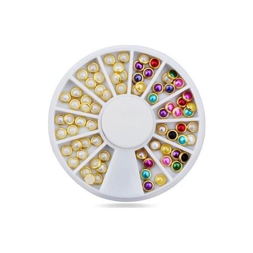 200pcs Colorful 3D Acrylic Round Pearl Metal DIY Glitter Rhinestone Wheel Nail Art Decoration Phone Tips Jewelry DHL