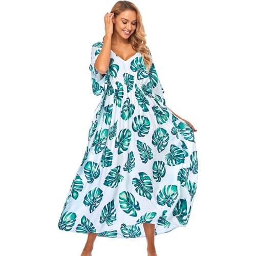 2021 Beach Cover up Cotton Print Tunic Pareo Womens A Line Dress Swimsuit Cover up Robe Plage Plus size V neck Lady Party Dress