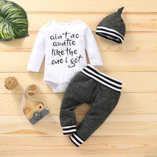 0-18M Newborn Baby Casual Outfits Letter Print Long Sleeve Round Neck Romper + Striped Pants + Knotted Hat 3Pcs Autumn Outfits