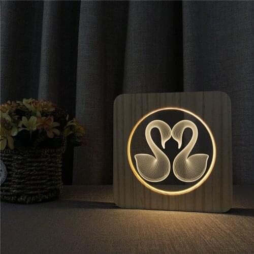 Love Swans Shape 3D LED Arylic Wooden Night Lamp Table Light Switch Control Carving Lamp for Childrens Room Decorate
