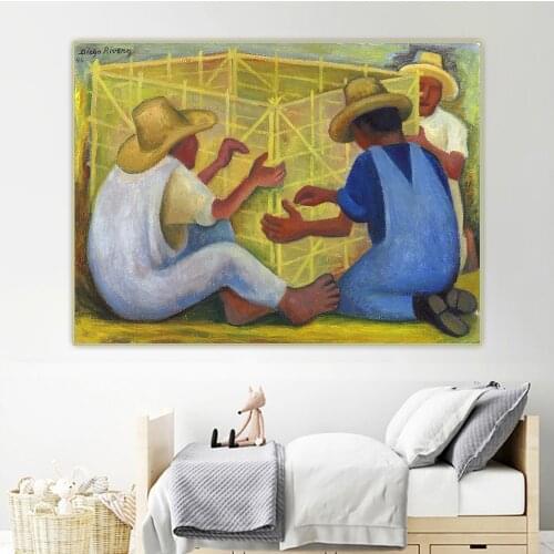 Diego Rivera《Three men building a huacal》Canvas Art Oil Painting Artwork Poster Picture Wall Hanging Decor Home Decoration
