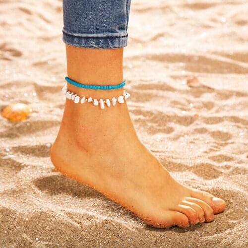Docona 2pcs/set Adjustable White Broken Stone Anklet Set for Women New Trendy Blue Beaded Foot Chains Bohemian Jewelry 7072