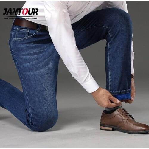 Fleece/Regula) Winter New Casual High Quality Fleece Elastic Straight Thick Trousers Men Warm Jeans Male Brand 40 42 44 46