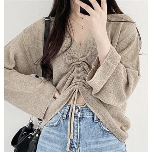 Korean Chic Early Autumn Retro Niche V-neck Western Style Wild Loose Thin Drawstring Sweater Long-Sleeved Shirt Women