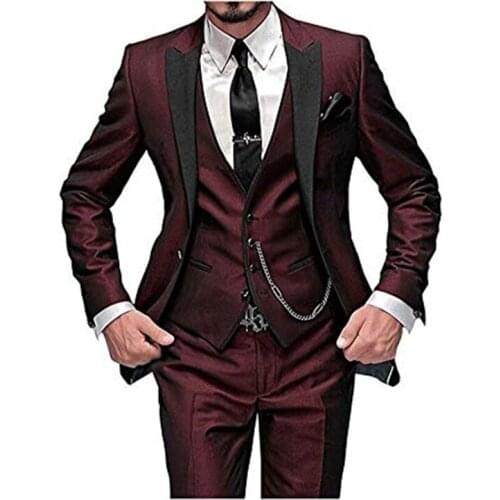 2021 Burgundy Slim Fit One Button Men Suits for Wedding Peak Lapel Groomsmen Best Man Tuxedo 3 piece Suit Set（Jacket+Vest+Pants
