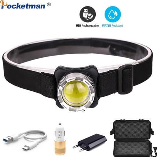 Powerful Headlamp USB Rechargeable Headlight COB LED Head Light Waterproof Head Lamp with White Red Lighting by Built-in Battery