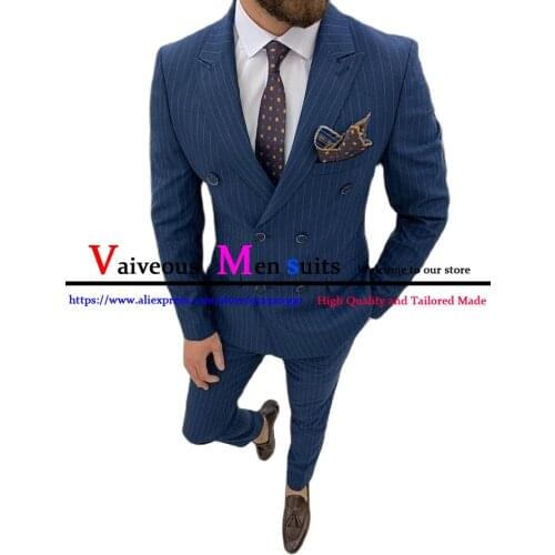 Spring /Autumn Men Clothing Blue Boutique Striped Slim Mens Business Suit 2 Pieces Set Groom Wedding Dress Tuxedo Costume Homme