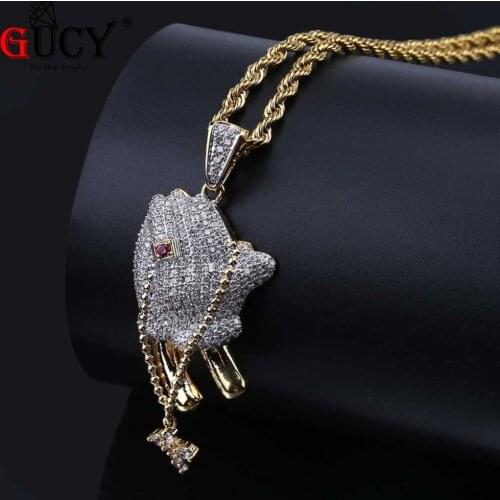 GUCY Hip Hop Praying Hands Cross Pendant Necklace With Red Crystal Gold Color Micro Pave CZ Stones Necklace For Men Women Gift