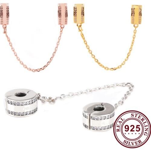 Original 925 Sterling Silver Color Round With Double Row Crystal Cz Safety Chain Fit Pandora Women Bracelet & Necklace Jewelry