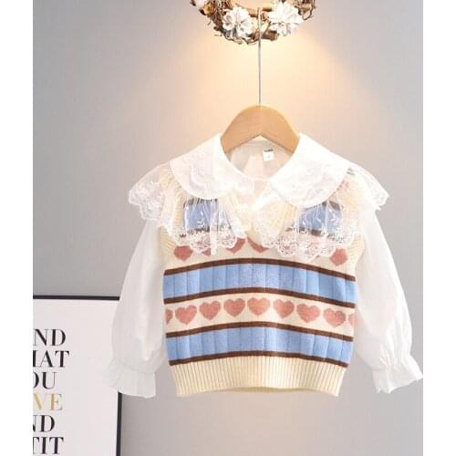 2021 Autumn Kids Children Girls Knitwear Waistcoat Tank Outwear V-neck Knitting Heart Camis Sweater S12878