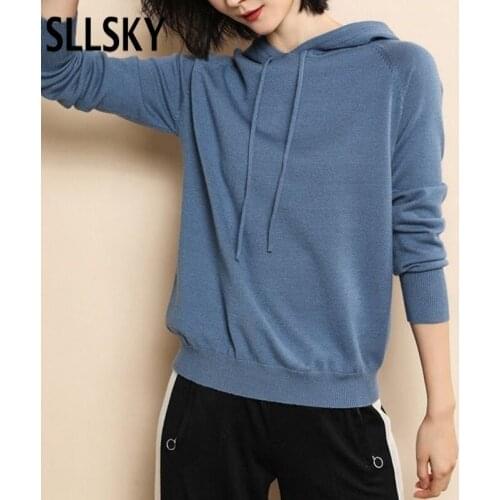 Sllsky Autumn Hooded Knitted Sweatshirts Women Casual Gentle Long Sleeve Loose Pullovers Solid O-Neck Collar Hoodies Tops