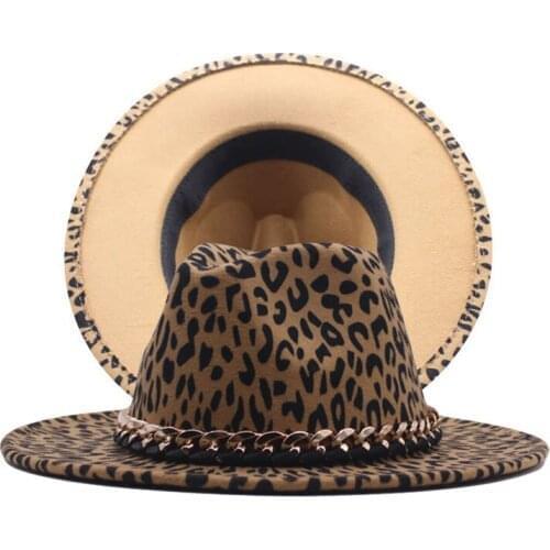 Unisex Flat Brim Felt Jazz Fedora Hats Men Women Leopard Grain Chain Band Decor Panama Formal Hat Cowboy Cap