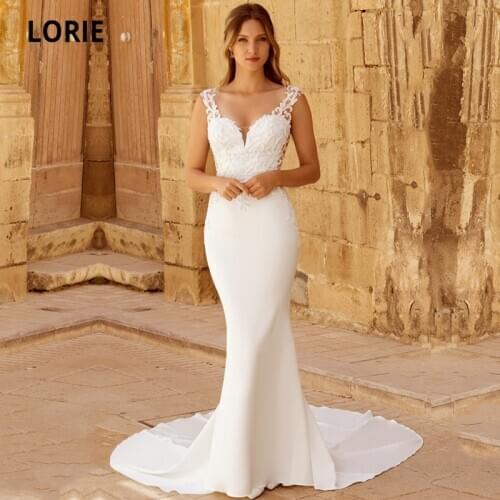 LORIE Boho Wedding Dresses Mermaid V-Neck Appliques Stretchy Chiffon White Ivory Country Wedding Gown Bridal Dress suknia ślubna