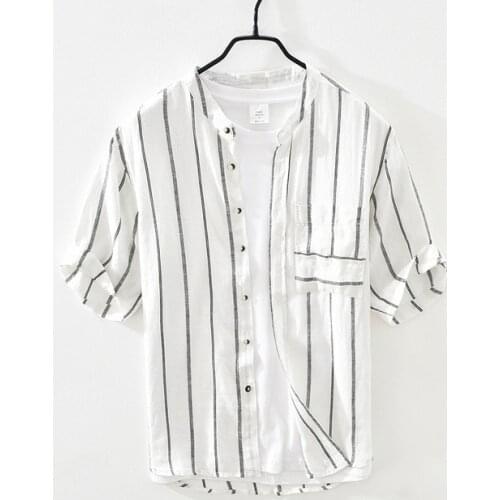 Striped Short Sleeve Shirt for Men Summer New White Stand Collar Tops Male Thin Section Slim Fit Button Up Retro Clothes