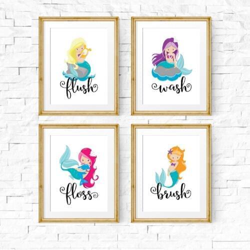 Little Mermaid Bathroom Rules Canvas Painting Wall Pictures Girls Bathroom Decor Cute Cartoon Mermaid Bath Rule Poster Prints
