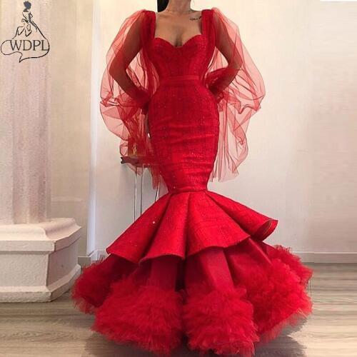 Chic Red Mermaid Prom Dresses Puffy Tulle Long Sleeves Evening Dress Sweetheart Ruffle Unique Pageant Formal Gowns abendkleider