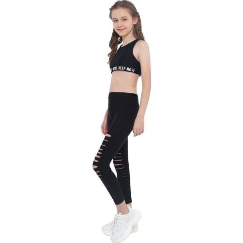 Kids Girls Tracksuit 2Pcs Sets Children Sport Clothes Letter Hem Crop Top + Hole Style Leggings Outfits for Child Workout