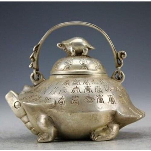 Oriental Vintage Handwork Silver Copper Portable Tortoise Teapot