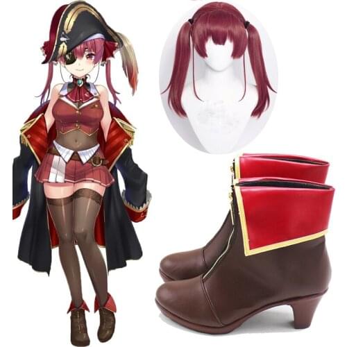 VTuber Houshou Marine Wig Hololive Girls Youtuber Cosplay shoes Long Straight Ponytails Synthetic Hair Role Play + Wig Cap