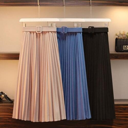Women 2021 Autumn Winter New Fashion Mid-long Warm Skirt Female High Waist Pleated Skirt Ladies Solid Color Loose Skirts V505