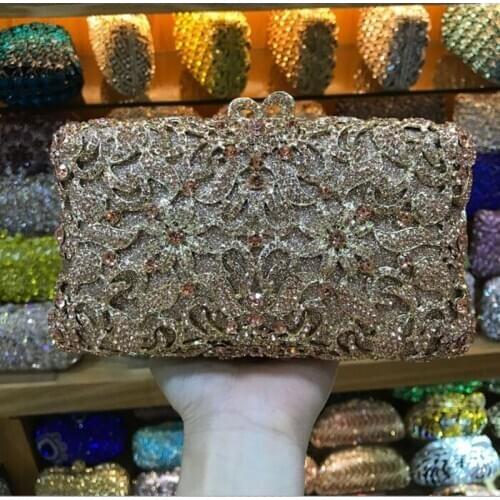Hollow Out Golden/pink/blue/green Crystals & Opal Stone Women Evening Minaudiere Handbag Purse Wedding Party Metal Clutch Bag