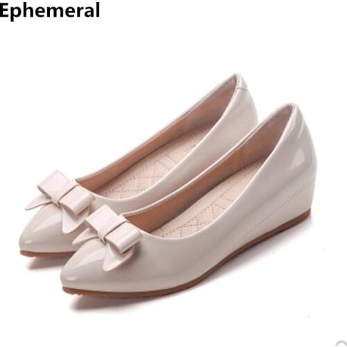 Female Wedges Pumps Chunky Heel Shoes With Bow Soft Insole Comfortable Stilettos Sweet Slip-on For Party Wedding Patent Leather