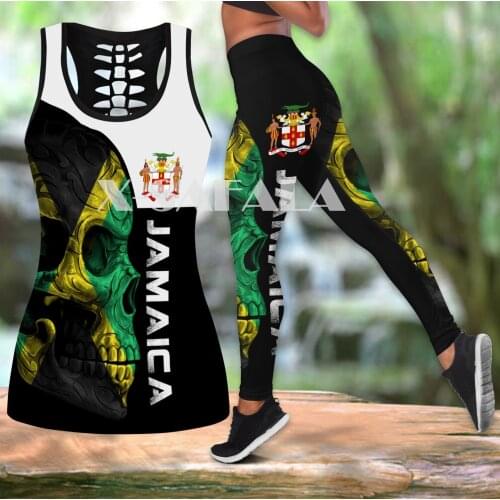 Jamaica Skull Combo Hollow Two Piece Yoga Set Women 3D Print Vest Hollow Out Tank Top High Waist Legging Summer Casual Sport