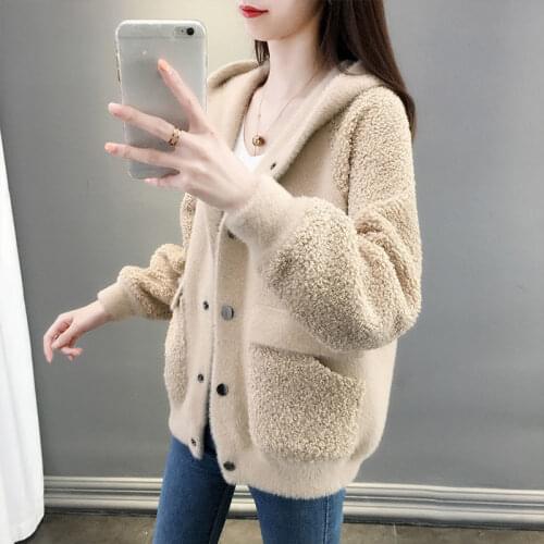 2021 new cardigan short loose hooded spring and autumn western style jacket stitching mink velvet knitted jacket women