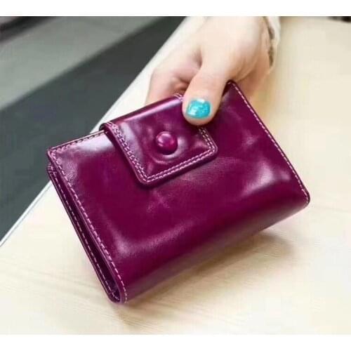Genuine leather Wallet Woman High quality Oil wax Clutch Slim Wallet and Purse Black Purple Brown Hot pink Blue