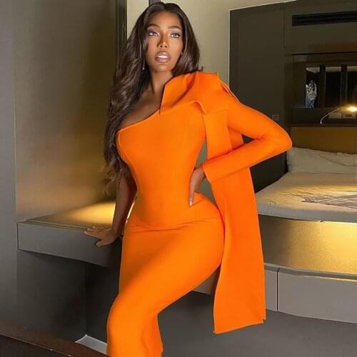 2020 Autumn New Womens Bandage Midi Dress Sexy One Shoulder Bow Long Sleeve Bodycon Club Celebrity Evening Party Vestidos