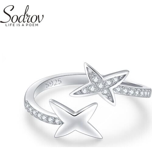 Sodrov AAA Zircon Silver 925 Jewlry Double Starts Silver Rings For Women Open Size Adjustable