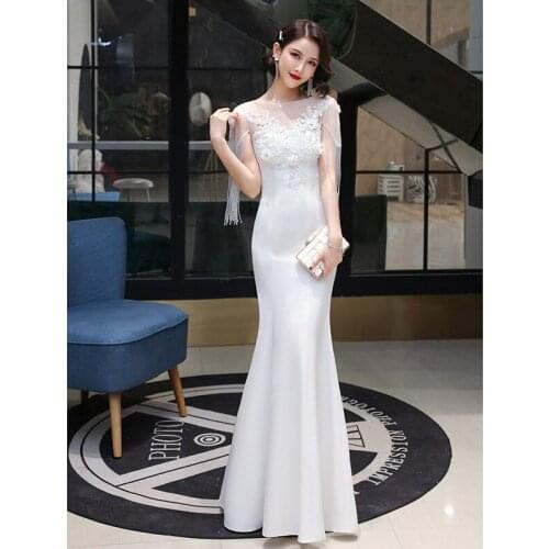 2021 evening dress White sleeves with beading mermaid female elegant Lace slim gorgeous banquet Birthday party prom dress A183
