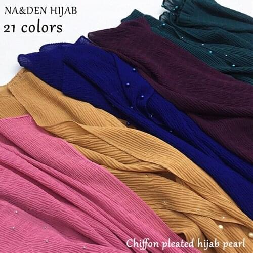 2020 Chiffon wrinkle scarf pearl shawl plain maxi ripple hijab long pashmina muffler muslim scarf fashion scarves 21colors