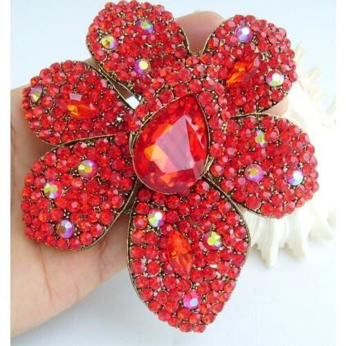 4.33" Gorgeous Teardrop Flower Brooch Pin Pendant Red Rhinestone Crystal EE04043C8