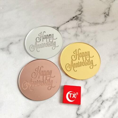 5pcs Mini Happy Anniversary Acrylic Cake Topper Rose Gold Disc Cake Toppers for Wedding Anniversary Party Cupcake Decoration New