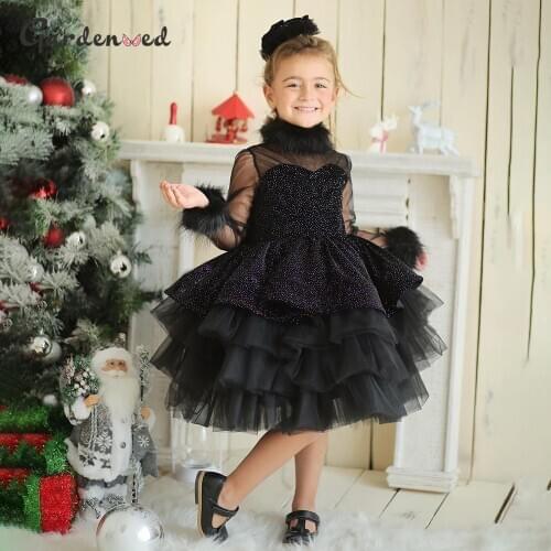 Glitter Layers Girl Wedding Party Dress Illusion Sleeve Fur Neck Girl Party Dress Elegant Baby Girl Dress детские платья