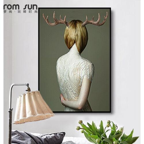 Nordic Style Decoration Antlers Deer Girl Back Poster And Print Wall Art For Living Room Fashion Cuadros Decoracion Salon Ins