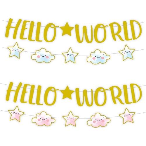 Kids Baby Cute Pink Blue HELLO WORLD Paper Wall Hanging Flag Banner with Star Oh Baby Party Decorations Baby Shower Party Favors